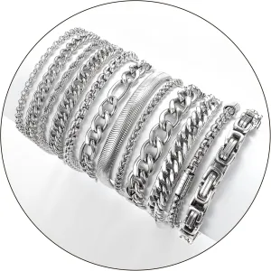 12PCS Stainless Steel Cuban Link Chain Bracelets for Men Women Gold Figaro Rope Chain Men's Curb Chain Bracelets Set Box Square Rolo Twisted Wrist Bracelets 7.5/8.3/9inch
