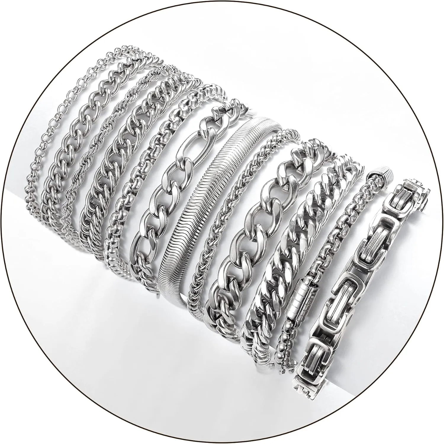 12PCS Stainless Steel Cuban Link Chain Bracelets for Men Women Gold Figaro Rope Chain Men's Curb Chain Bracelets Set Box Square Rolo Twisted Wrist Bracelets 7.5/8.3/9inch