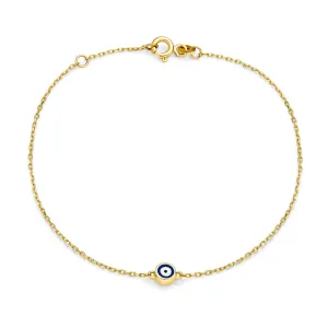 14K Gold Chain Link Bracelet with Blue Evil Eye Charm 6.5-7 Inch