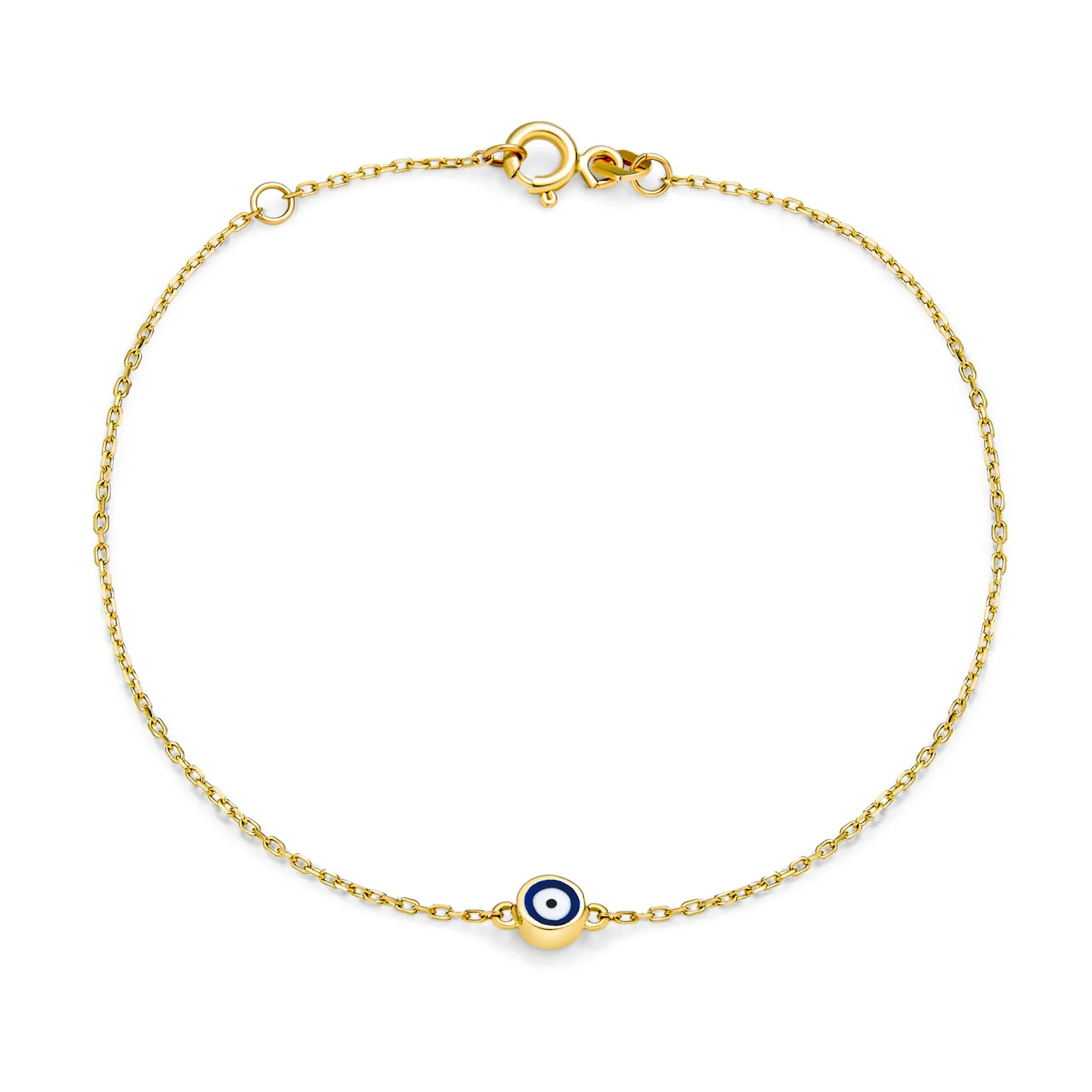 14K Gold Chain Link Bracelet with Blue Evil Eye Charm 6.5-7 Inch