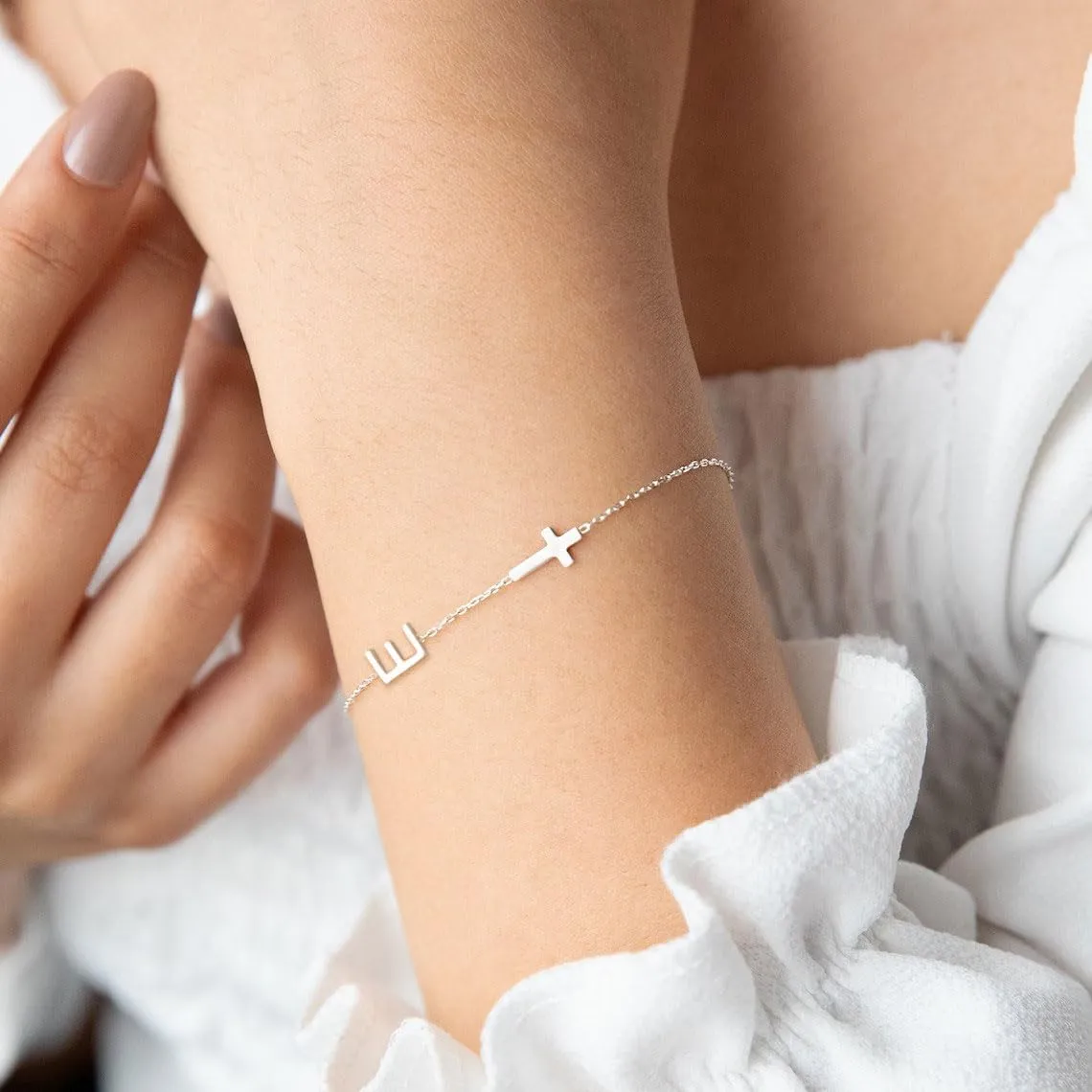 14K Gold Filled Initial Cross Bracelet,Sterling Silver Cross Bracelet Minimalist Tiny A-Z Letter Gold Chain Bracelet For Women Dainty Cross Jewelry Christian Gifts