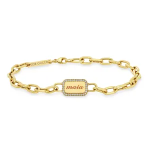 14k Personalized Rounded Rectangle Nameplate with Diamond Border Link Bracelet
