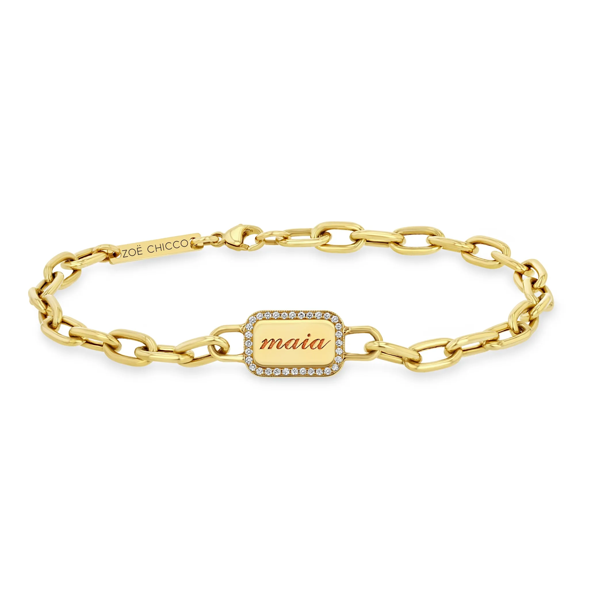 14k Personalized Rounded Rectangle Nameplate with Diamond Border Link Bracelet