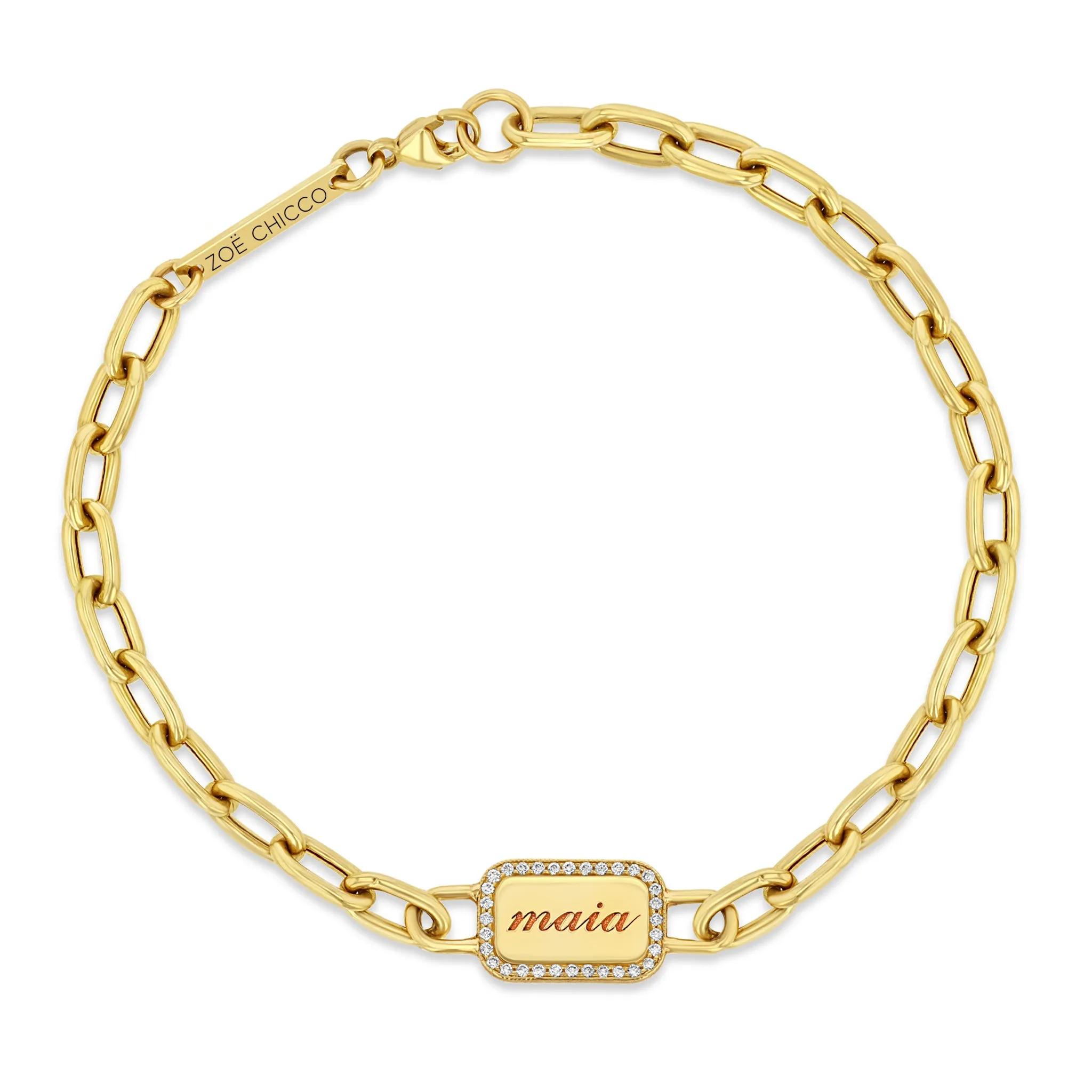 14k Personalized Rounded Rectangle Nameplate with Diamond Border Link Bracelet