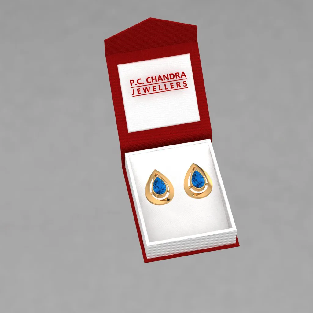 14k Tear Drop Gold Stud Earrings With Blue Stone