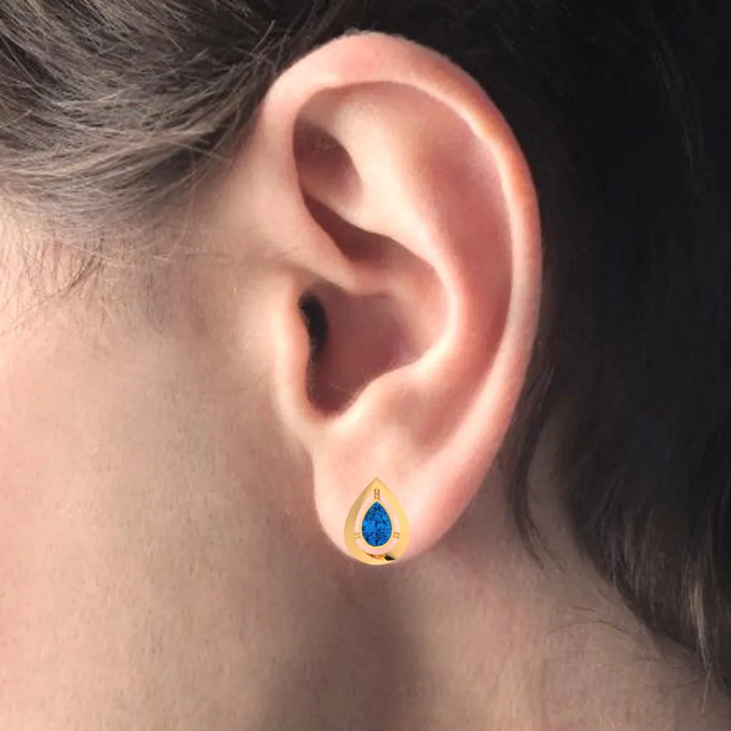 14k Tear Drop Gold Stud Earrings With Blue Stone
