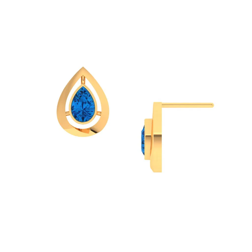 14k Tear Drop Gold Stud Earrings With Blue Stone