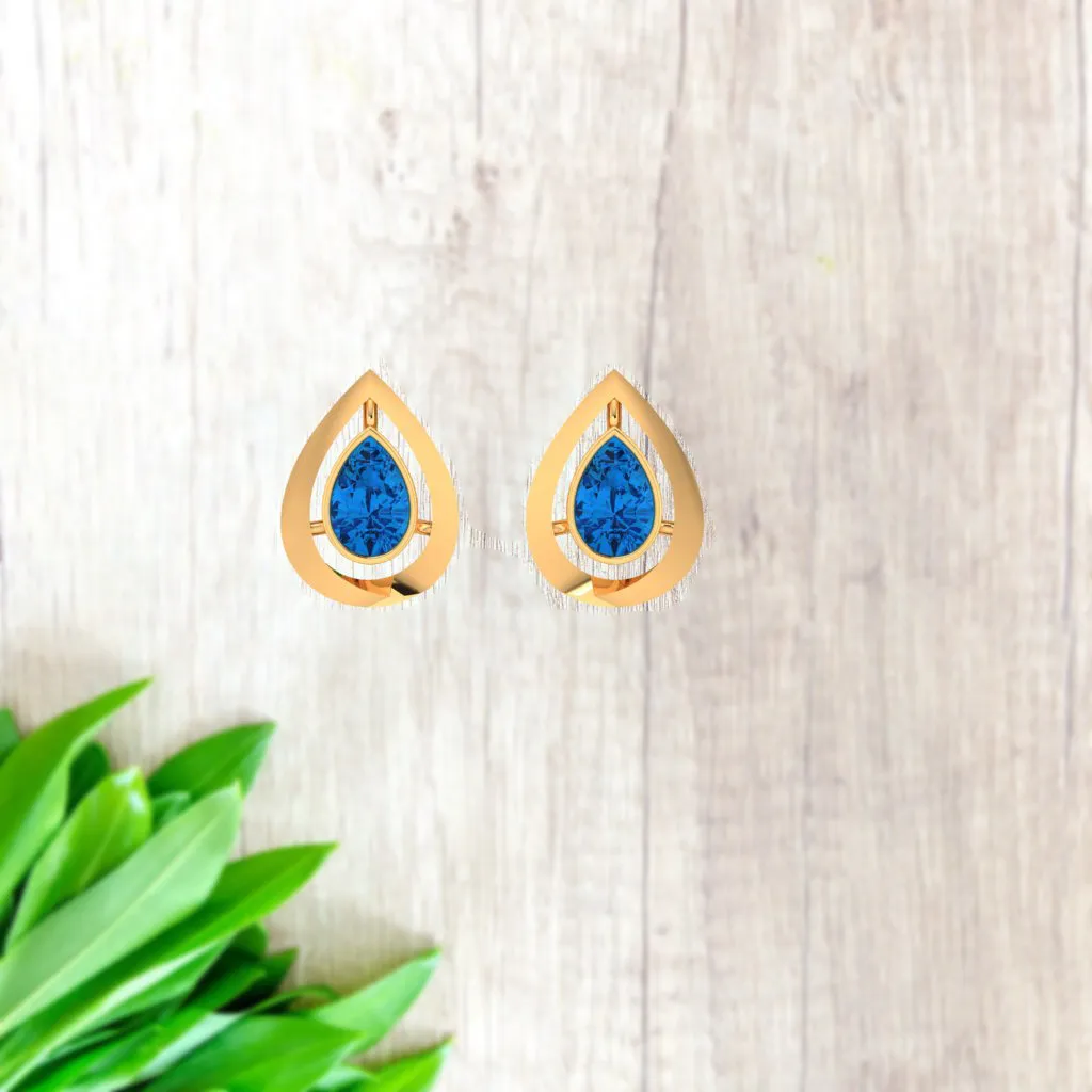 14k Tear Drop Gold Stud Earrings With Blue Stone