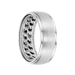 14k White Gold Wedding Band Double Chain Pattern Rope Edge Inner Design Brushed Finish Round Edges by Artcarved - 8 mm