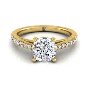 14K Yellow Gold Cushion Diamond French Pave Cathedral Style Solitaire Engagement Ring -1/4ctw