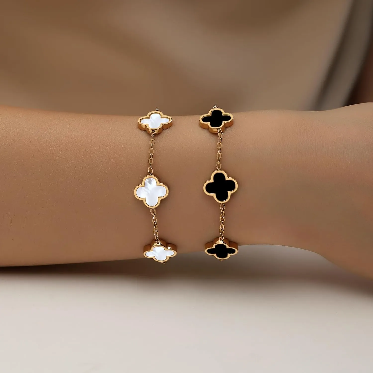 18K Gold Plated Clover Bracelet Set for Women White/Black/Gold/Silver/Green/Pink Adjustable Link Double-Sided Lucky Bracelets Trendy Bracelets Set Jewelry Gifts for Women Men