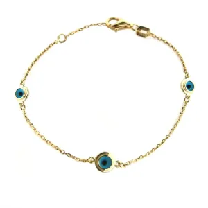 18K Solid Yellow Gold Three Evil Eye Bracelet 6 7 & 9 inches