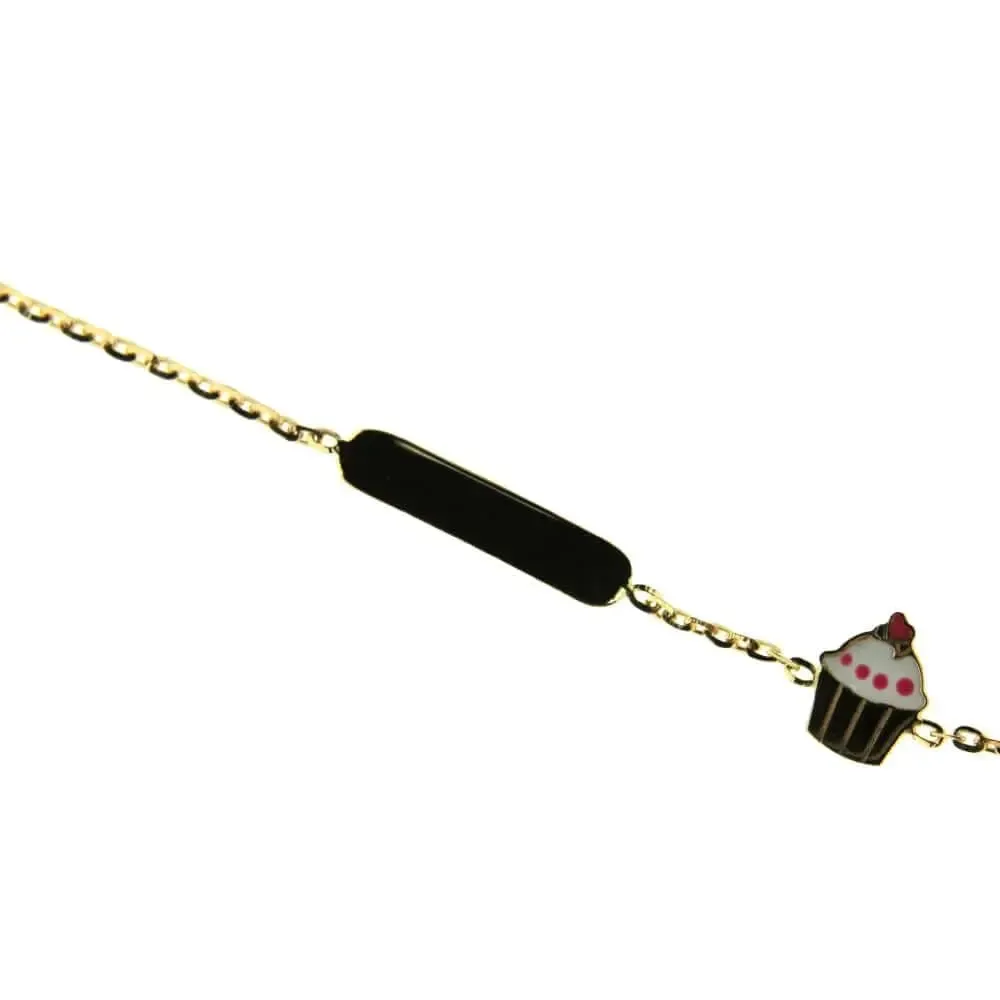 18k Solid Yellow Gold with Enamel Cupcake ID bracelet