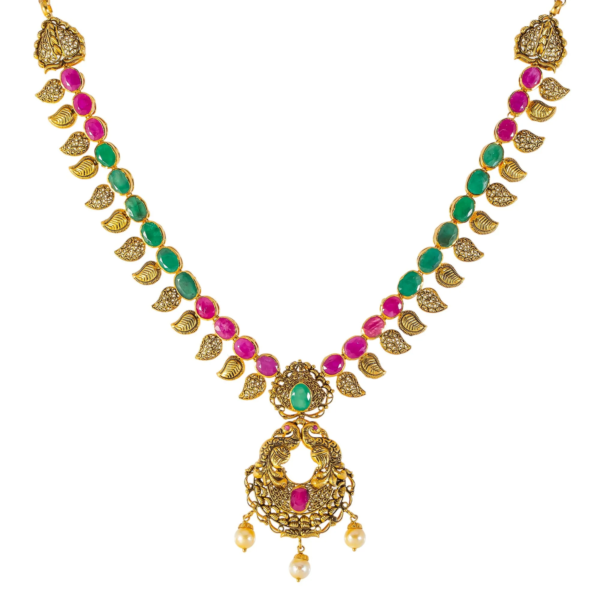 22k Antique Gold, Gem, & Pearls Necklace Set (60.1gm)