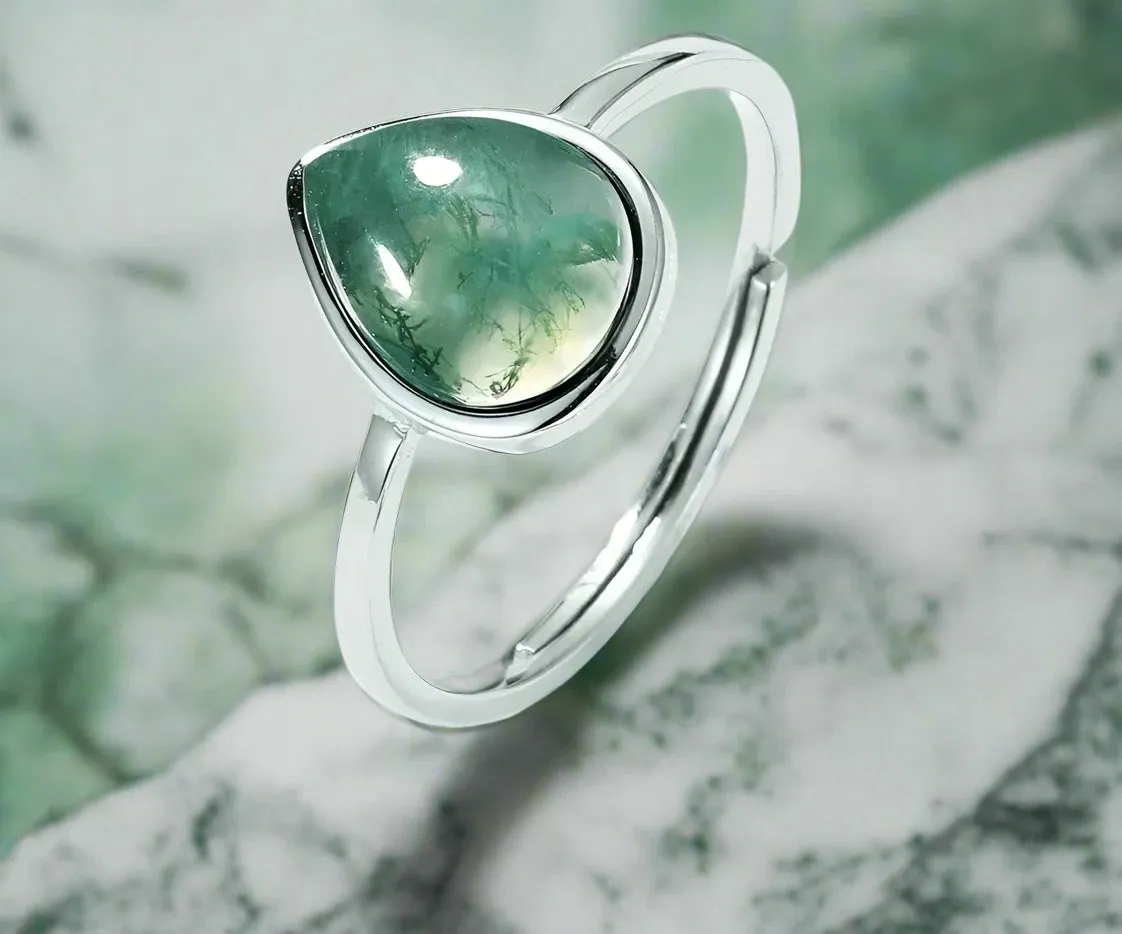 925 Silver Moss Agate Adjustable Ring