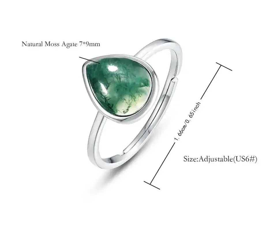 925 Silver Moss Agate Adjustable Ring