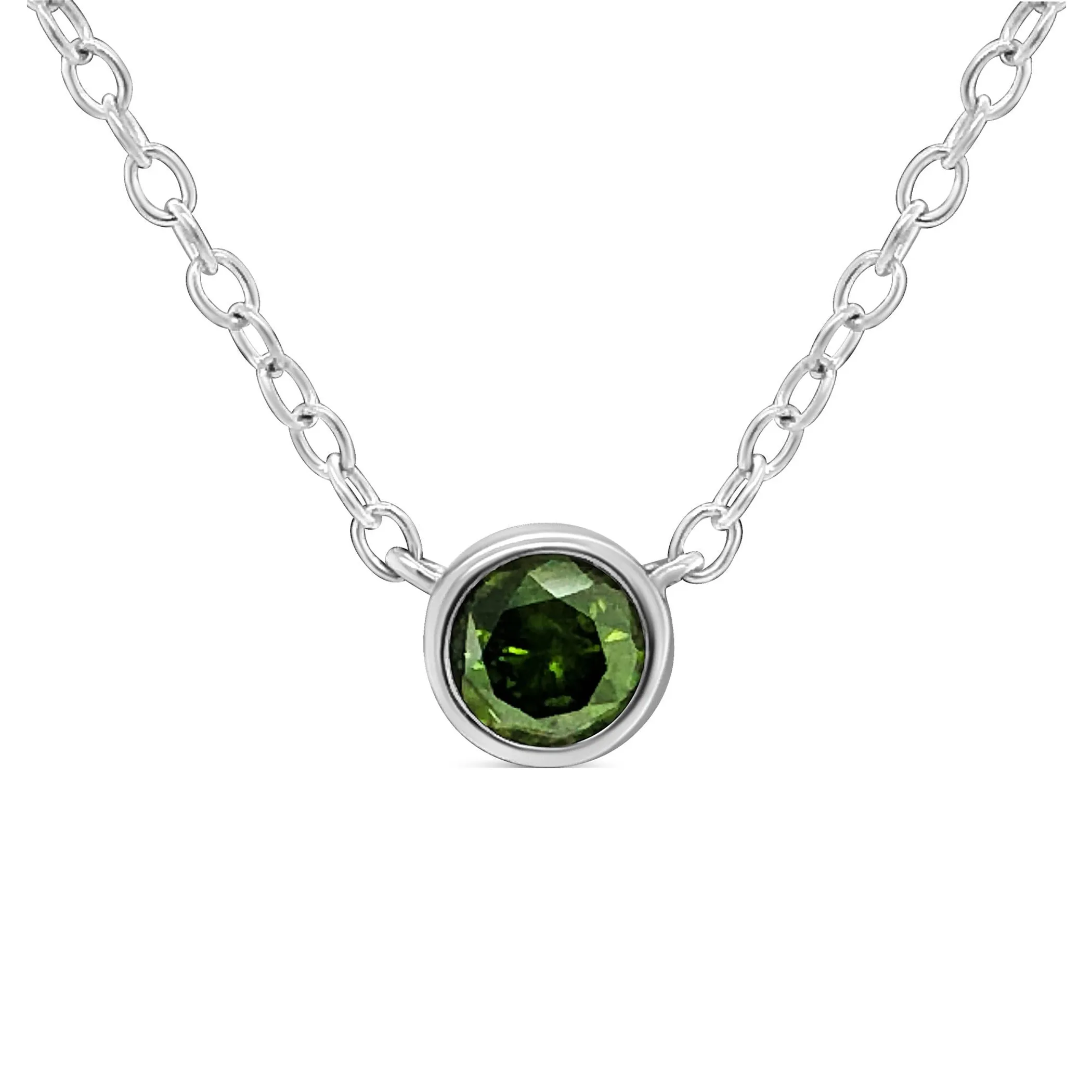 .925 Sterling Silver 1/5 Cttw Treated Green Diamond Solitaire Bezel 18" Pendant Necklace (Green Color, I1-I2 Clarity)