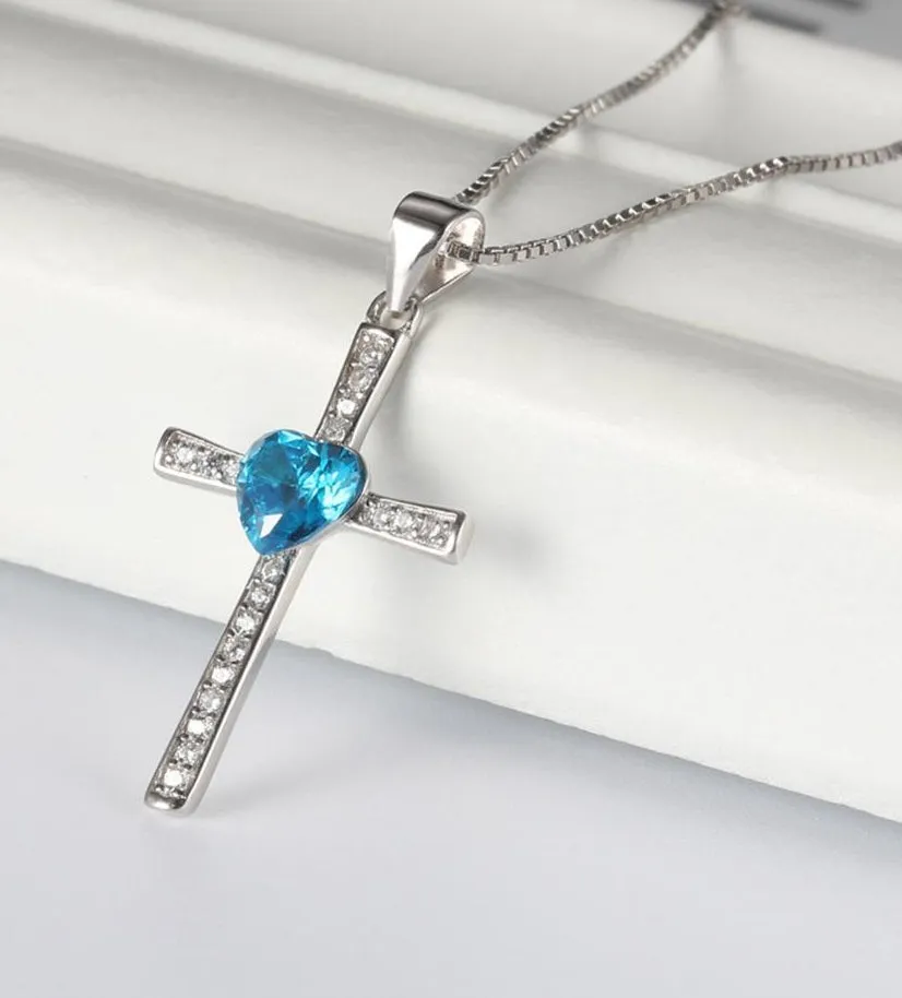 925 Sterling Silver Cross with Sky Blue Cubic Zirconia Pendant Necklace