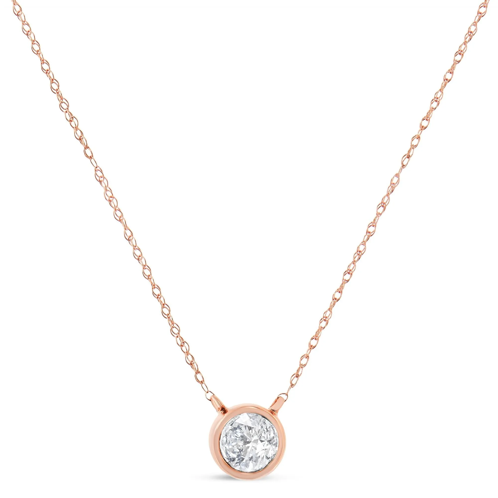 AGS Certified 10K White Gold 1/5 Cttw Bezel Set Round Diamond Solitaire 16-18" Adjustable Pendant Necklace (H-I Color, S