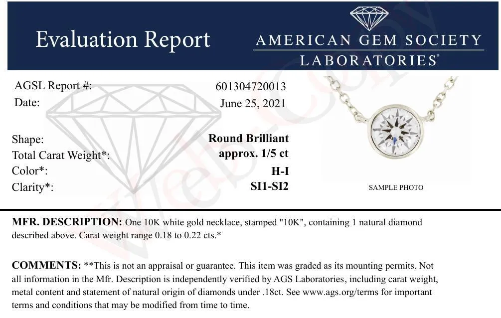 AGS Certified 10K White Gold 1/5 Cttw Bezel Set Round Diamond Solitaire 16-18" Adjustable Pendant Necklace (H-I Color, S