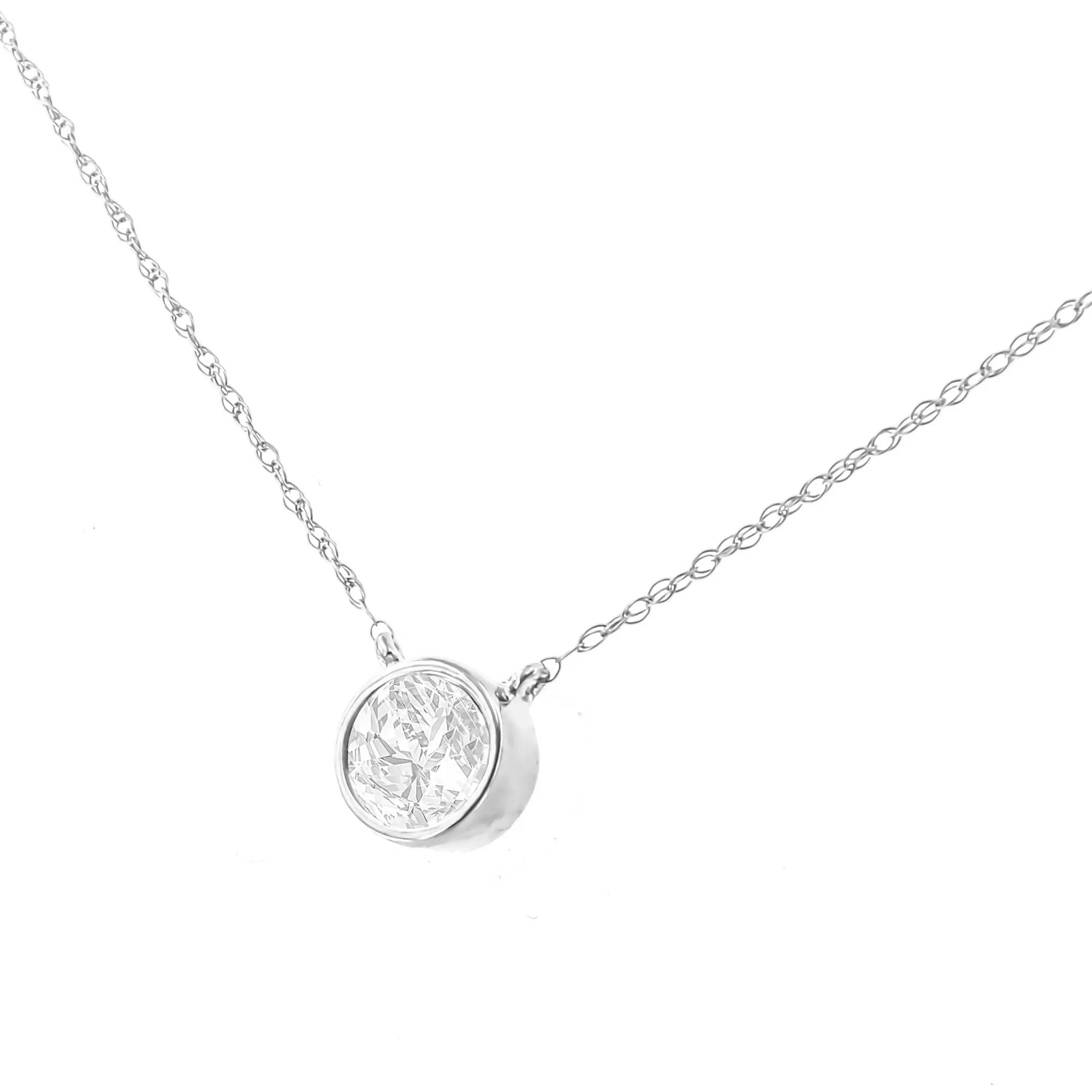 AGS Certified 10K White Gold 1/5 Cttw Bezel Set Round Diamond Solitaire 16-18" Adjustable Pendant Necklace (H-I Color, S
