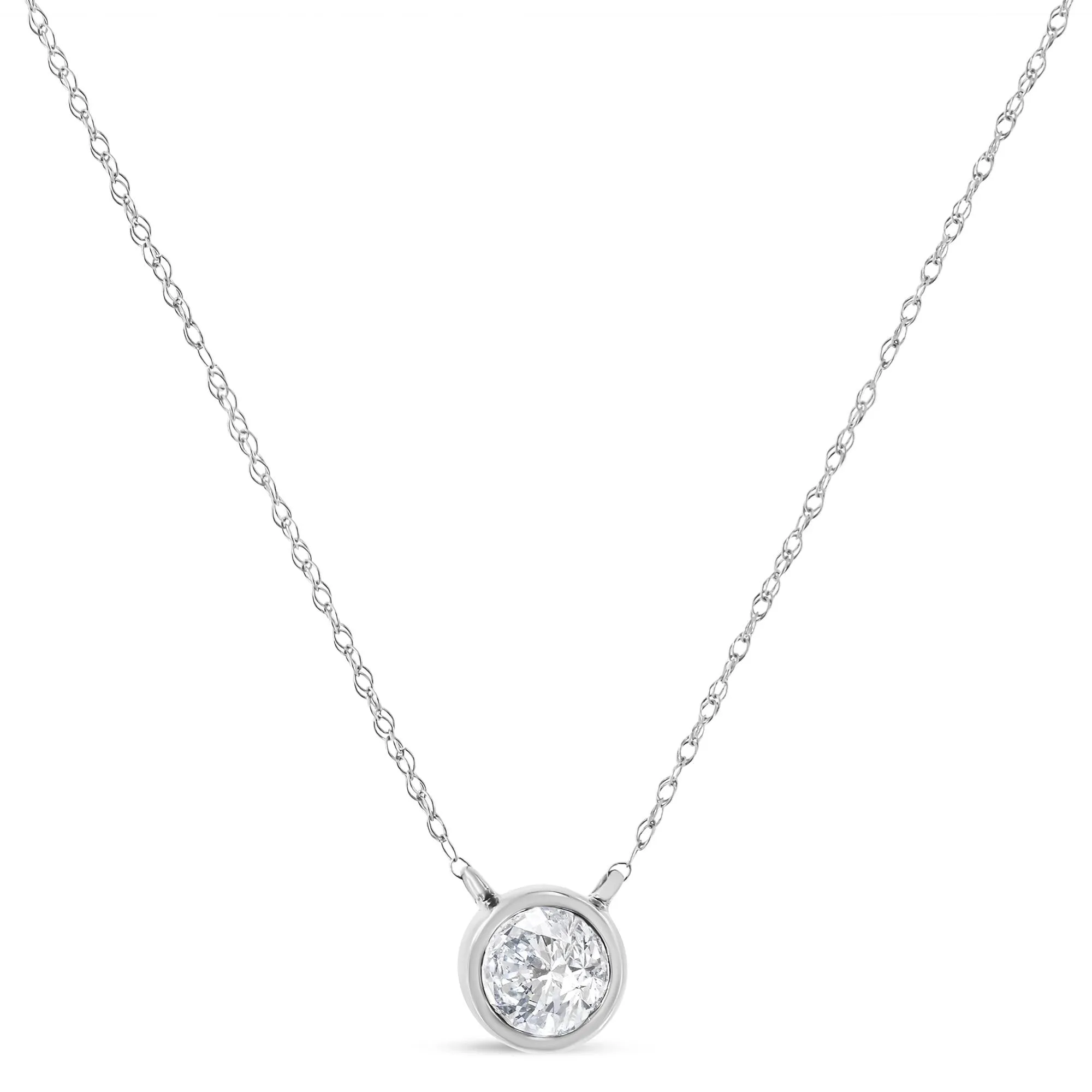 AGS Certified 10K White Gold 1/5 Cttw Bezel Set Round Diamond Solitaire 16-18" Adjustable Pendant Necklace (H-I Color, S