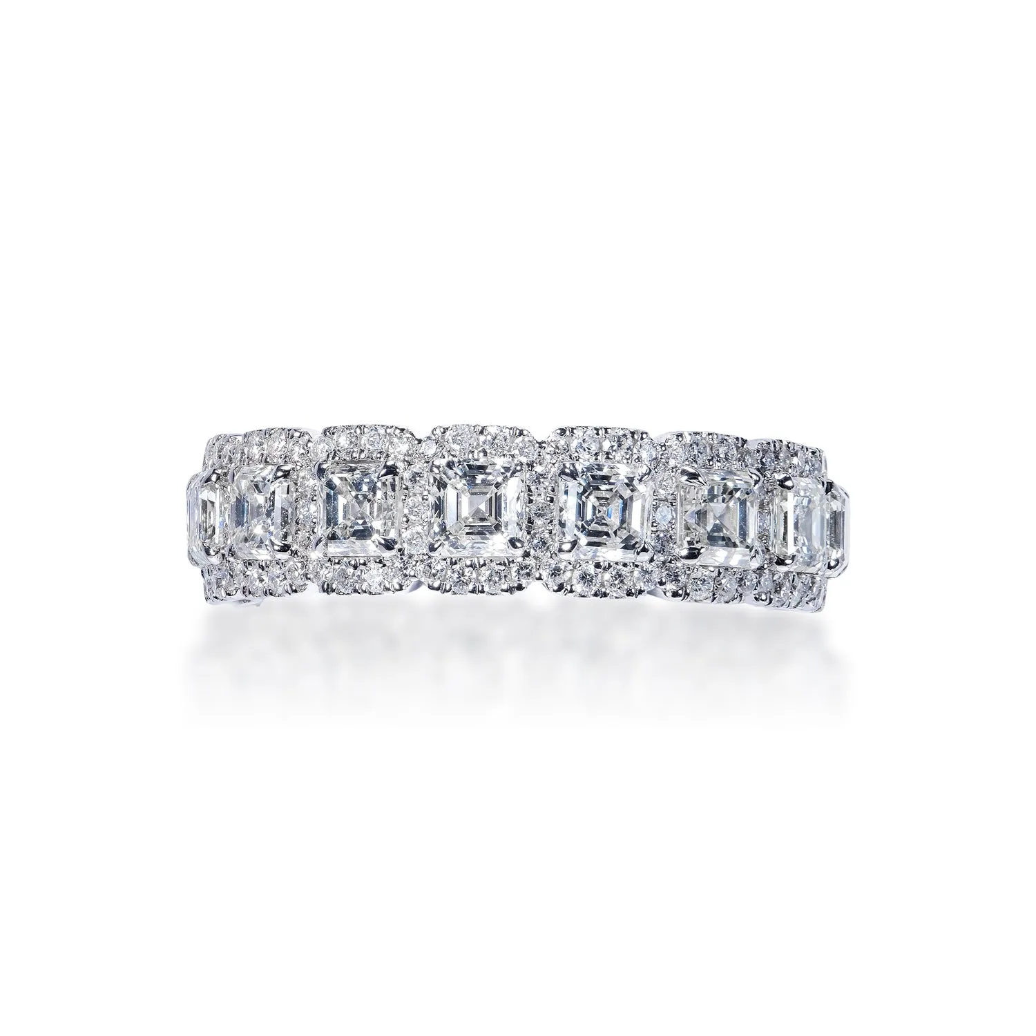 Alia 4 Carat Asscher Diamond With Halos Eternity Band in 18k White Gold Shared Prong