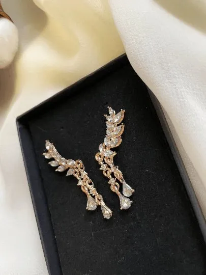 Angel wing golden earrings rhinestones | Gold diamante dangle earrings | Statement earrings | floral dangle earrings