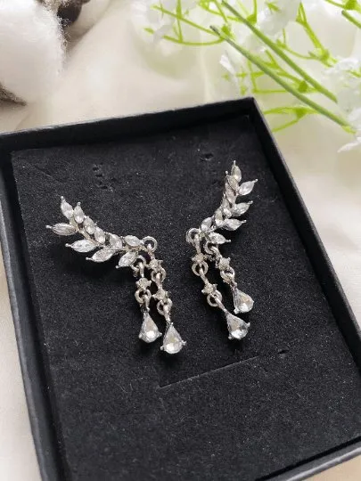 Angel wing golden earrings rhinestones | Gold diamante dangle earrings | Statement earrings | floral dangle earrings