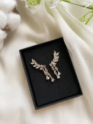 Angel wing golden earrings rhinestones | Gold diamante dangle earrings | Statement earrings | floral dangle earrings