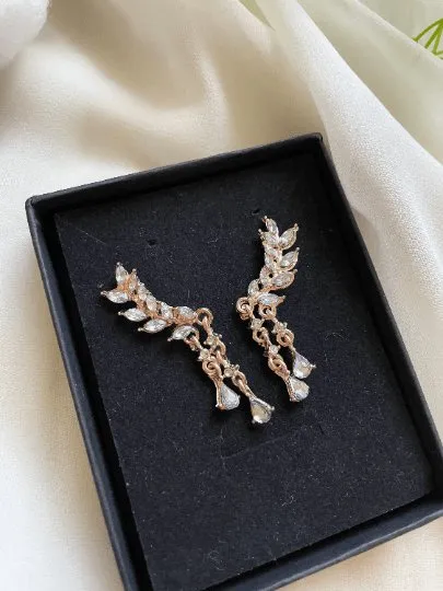 Angel wing golden earrings rhinestones | Gold diamante dangle earrings | Statement earrings | floral dangle earrings
