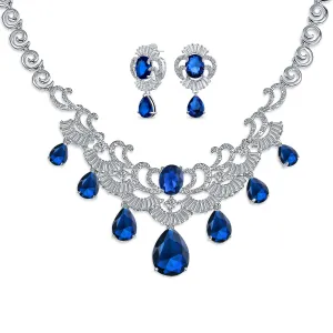 Art Deco Bridal Jewelry Set Large Teardrop CZ V Collar Necklace & Earrings