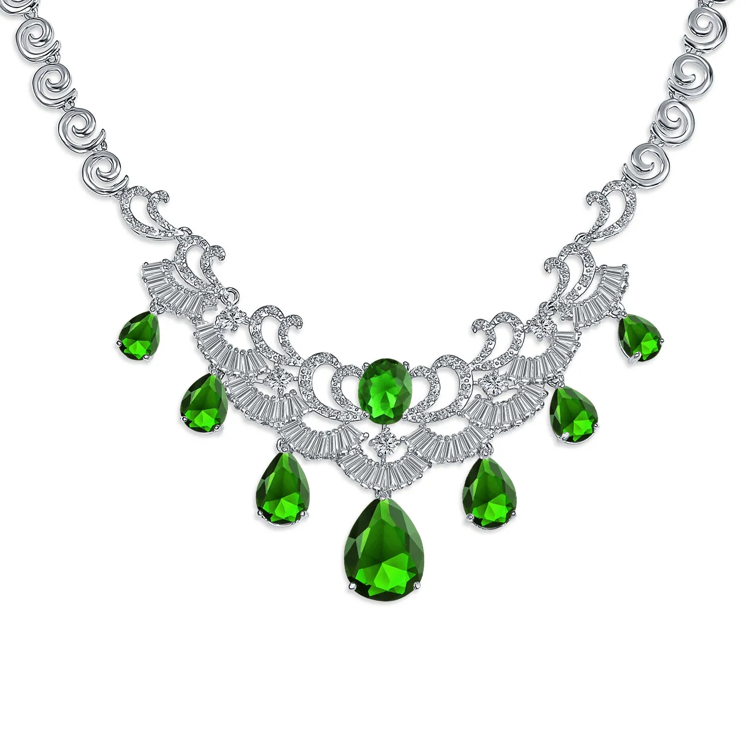 Art Deco Bridal Jewelry Set Large Teardrop CZ V Collar Necklace & Earrings