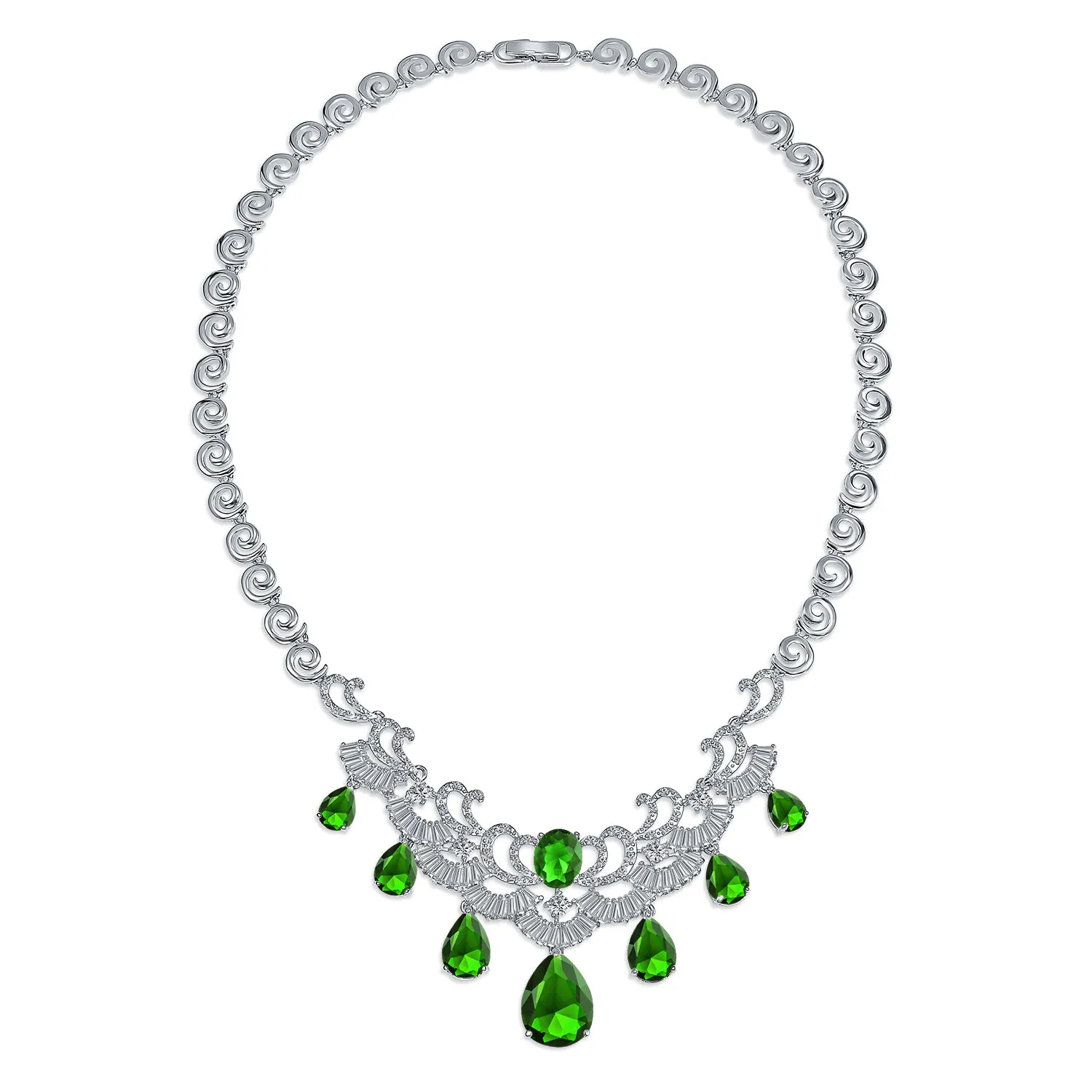 Art Deco Bridal Jewelry Set Large Teardrop CZ V Collar Necklace & Earrings