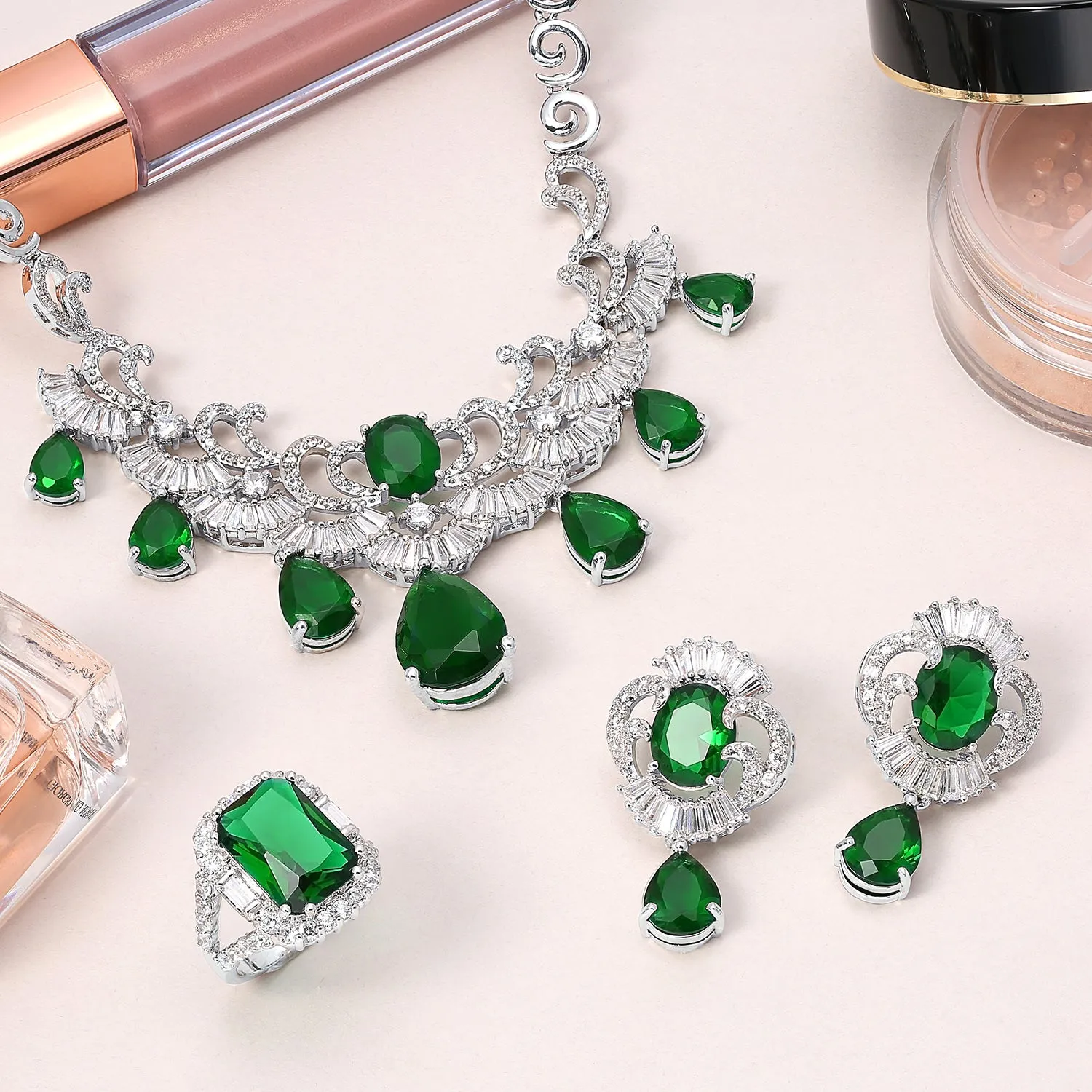 Art Deco Bridal Jewelry Set Large Teardrop CZ V Collar Necklace & Earrings