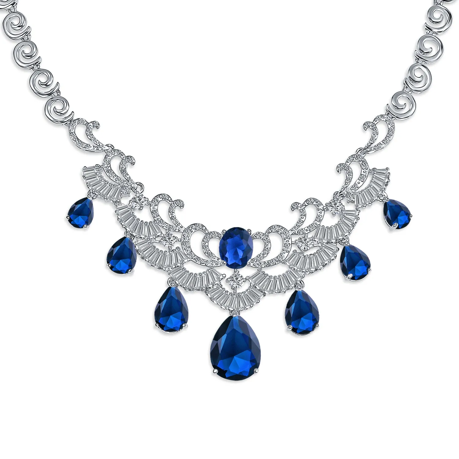 Art Deco Bridal Jewelry Set Large Teardrop CZ V Collar Necklace & Earrings