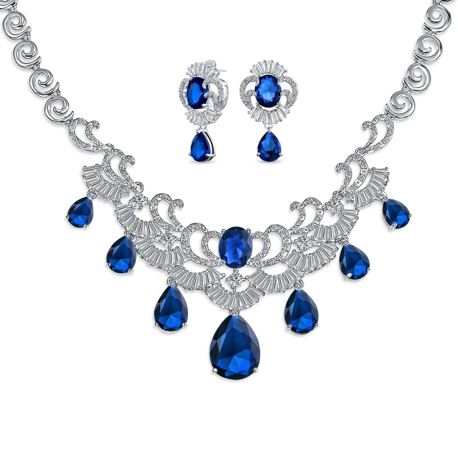 Art Deco Bridal Jewelry Set Large Teardrop CZ V Collar Necklace & Earrings