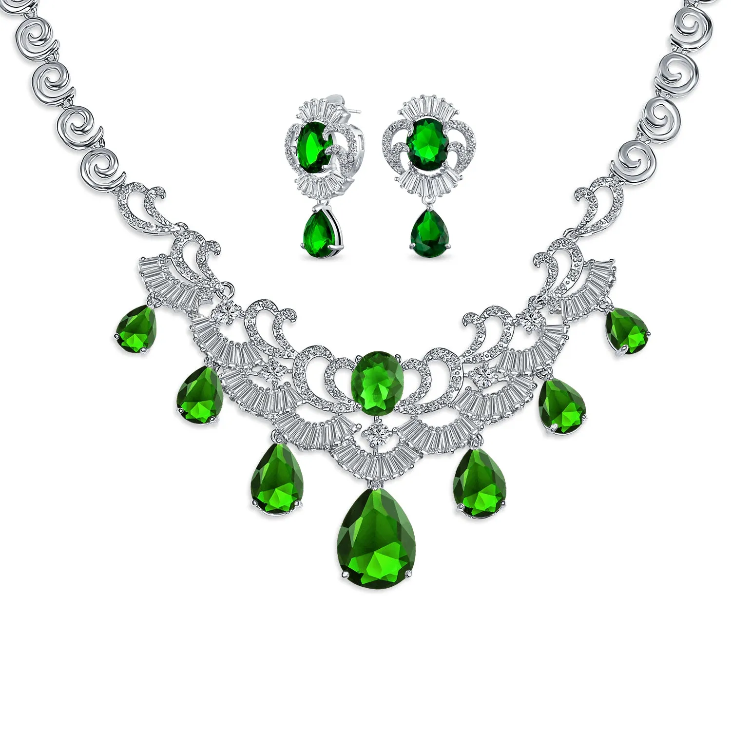 Art Deco Bridal Jewelry Set Large Teardrop CZ V Collar Necklace & Earrings