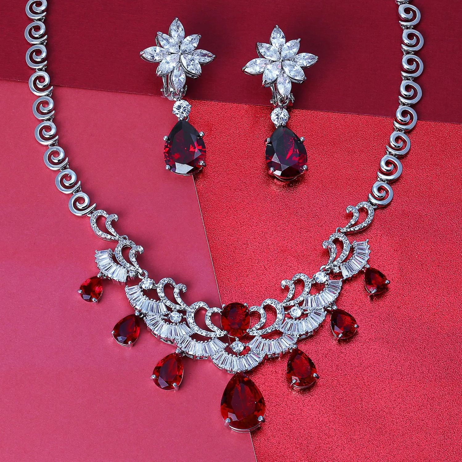 Art Deco Bridal Jewelry Set Large Teardrop CZ V Collar Necklace & Earrings