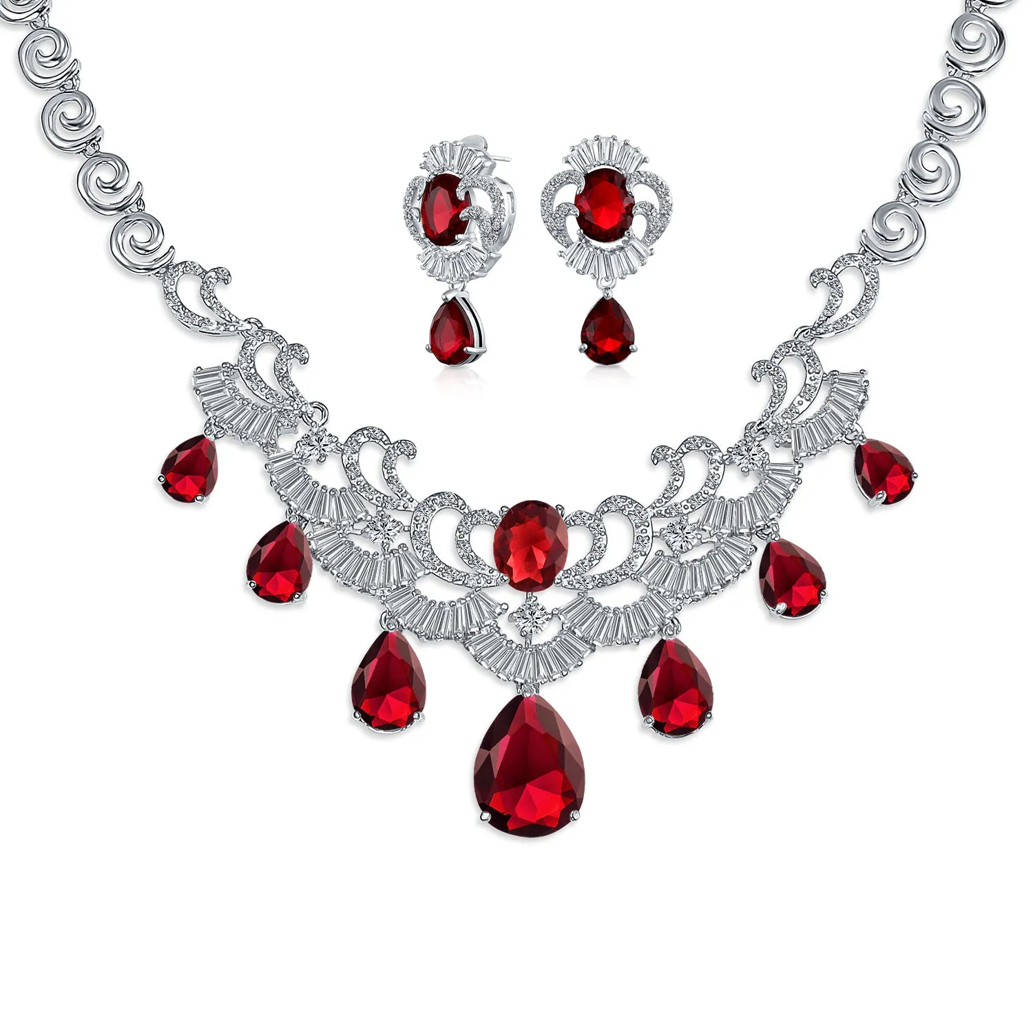 Art Deco Bridal Jewelry Set Large Teardrop CZ V Collar Necklace & Earrings