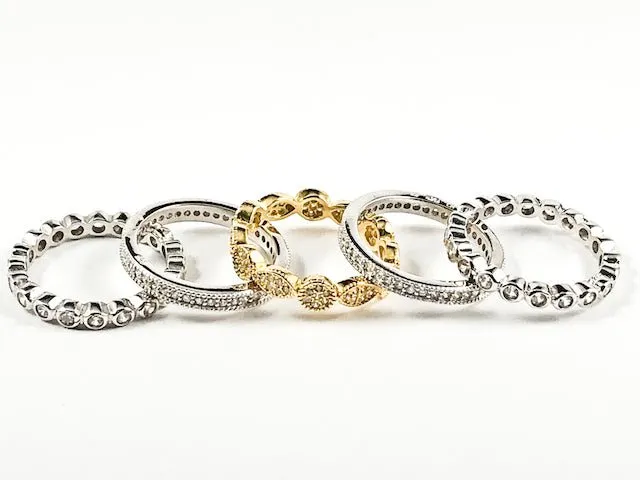 Beautiful Two Tone 5 Piece Set Elegant Eternity CZ Band Silver Rings