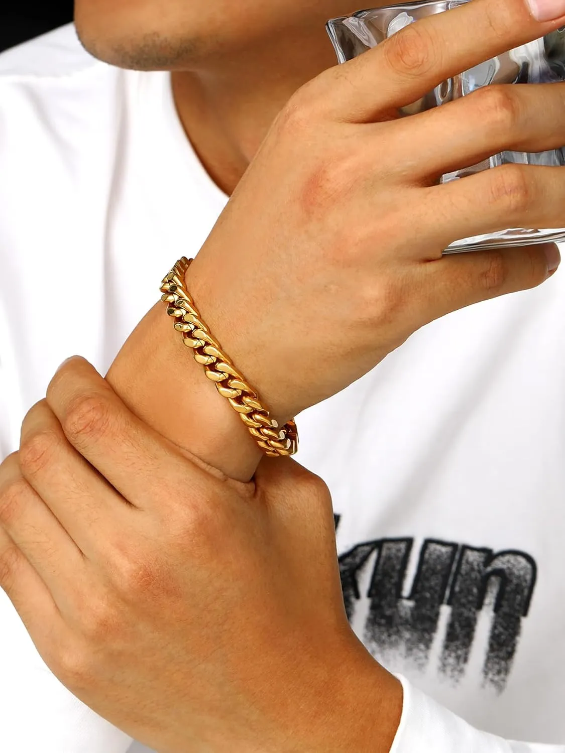 Bestyle Thick Mens Cuban Link Chain Bracelets, Durable Real 18K Gold/Black Metal Plated Solid Stainless Steel Hand Chain Cuban Bracelets for Men, Silver Black Gold Bracelets for Father Husband