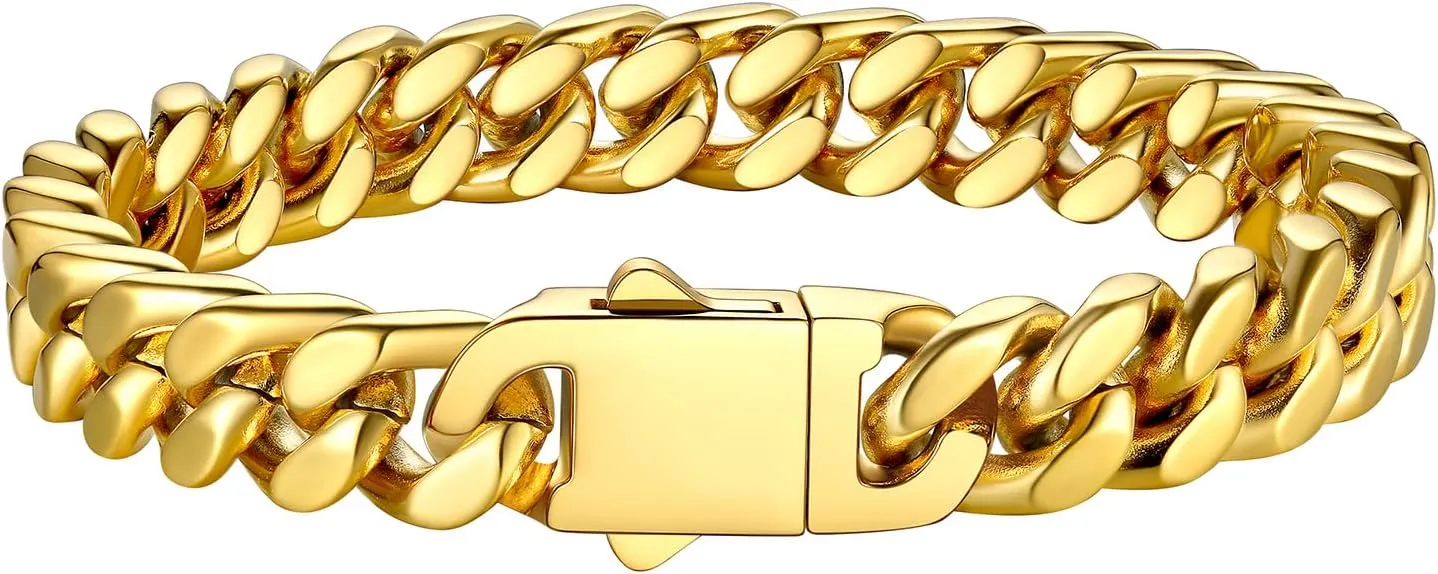 Bestyle Thick Mens Cuban Link Chain Bracelets, Durable Real 18K Gold/Black Metal Plated Solid Stainless Steel Hand Chain Cuban Bracelets for Men, Silver Black Gold Bracelets for Father Husband