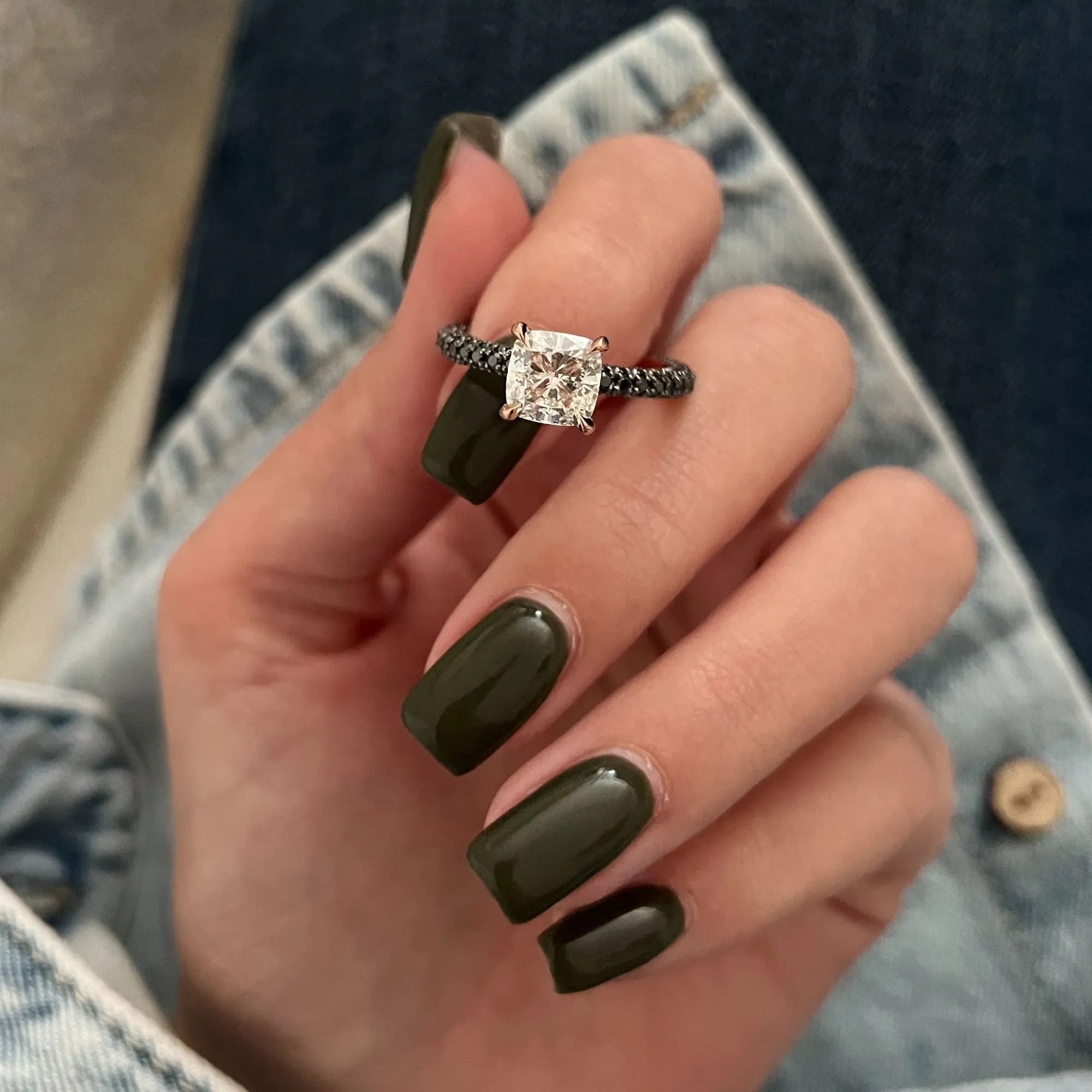 Blanchett White & Black Diamonds Cushion Cut Engagement Ring