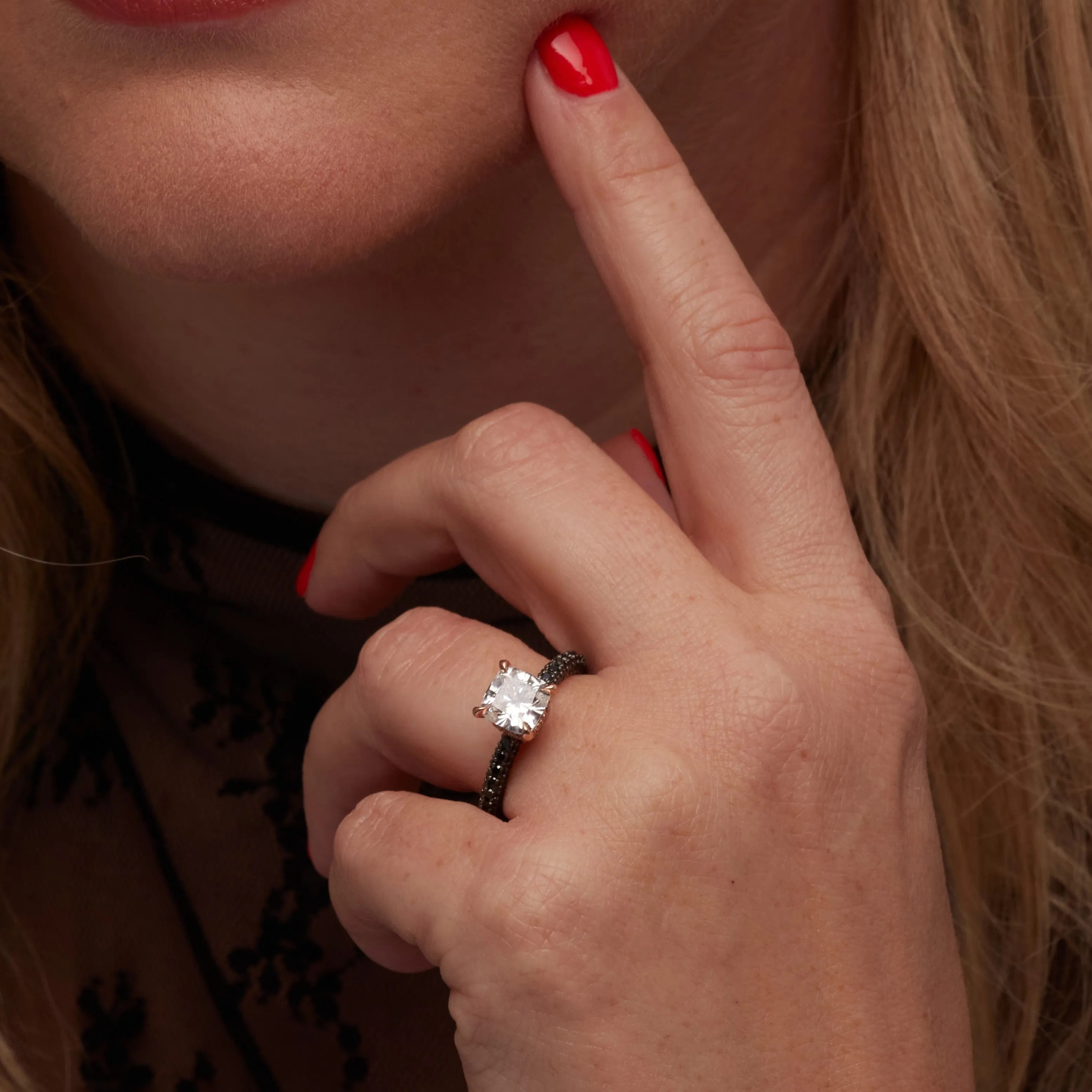 Blanchett White & Black Diamonds Cushion Cut Engagement Ring