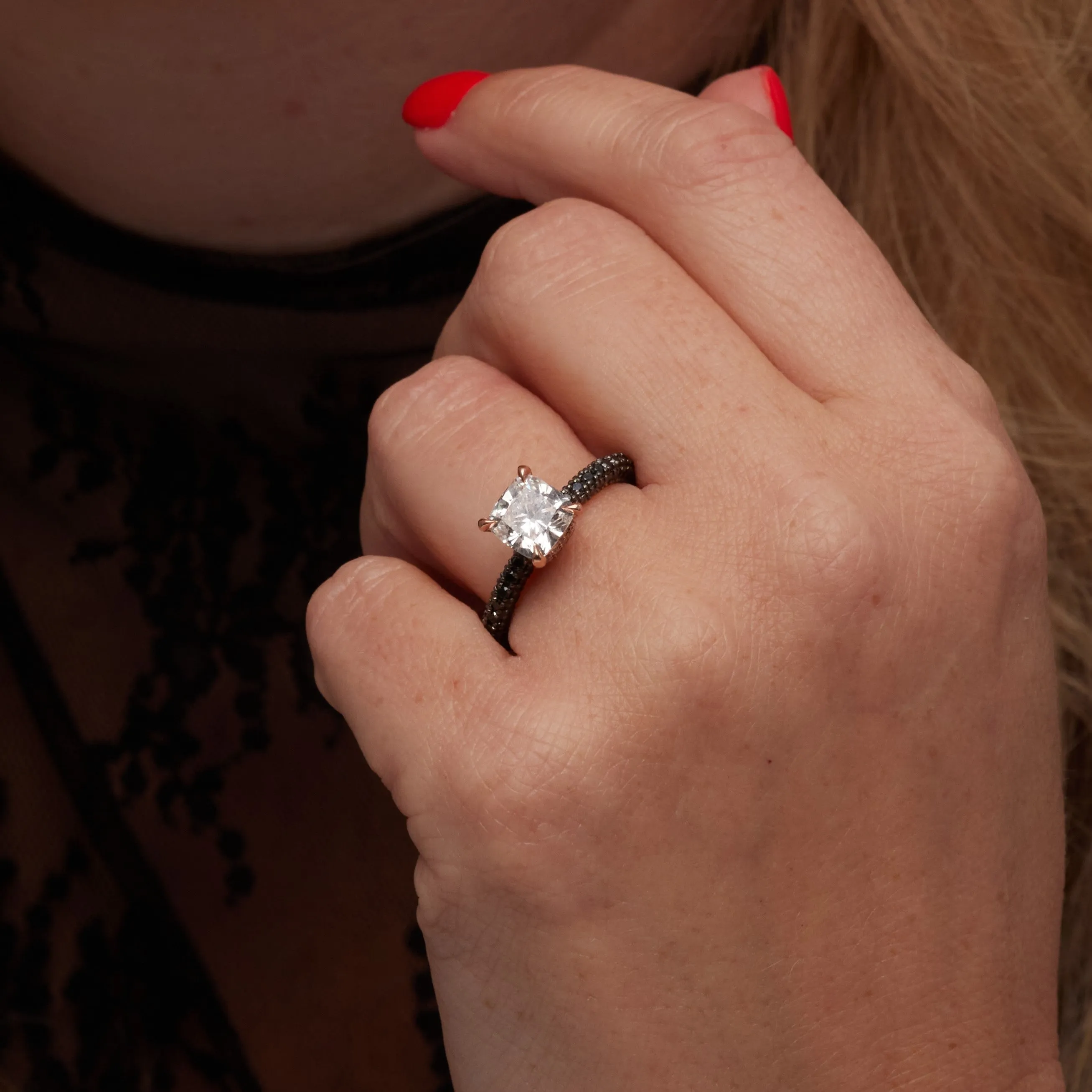 Blanchett White & Black Diamonds Cushion Cut Engagement Ring