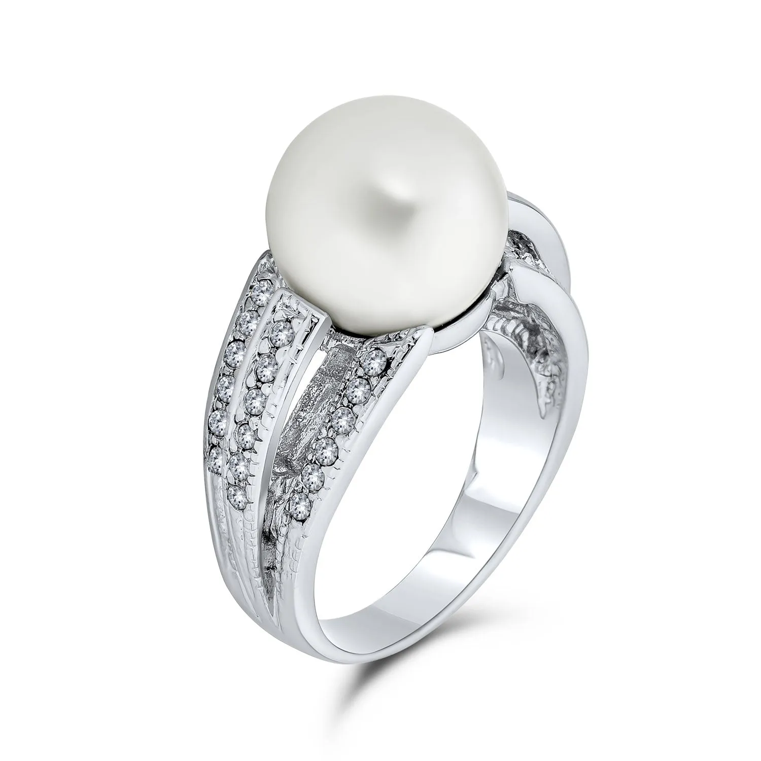 Bridal Cocktail Statement Ring with CZ Solitaire and Simulated Pearl Silver Plated