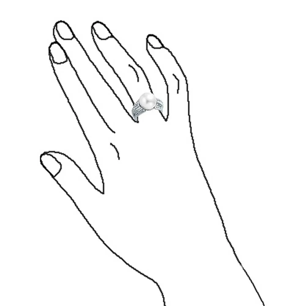 Bridal Cocktail Statement Ring with CZ Solitaire and Simulated Pearl Silver Plated