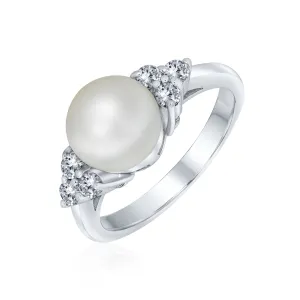 Bridal CZ Halo Pearl Cocktail Statement Ring in Sterling Silver Solitaire Style