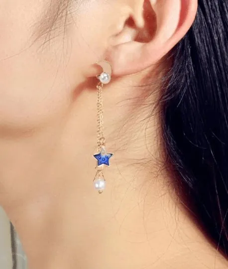 Celestial statement earrings | Blue moon and stars earrings | Galaxy planets dangle earrings | Gold hanging Korean aesthetic earrings